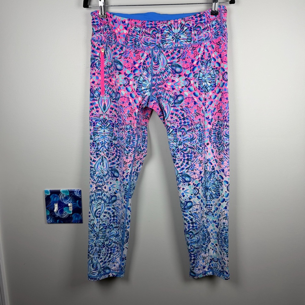 Lilly Pulitzer Size Large Weekender Midi Leggings Call My Shell Phone Pink Blue